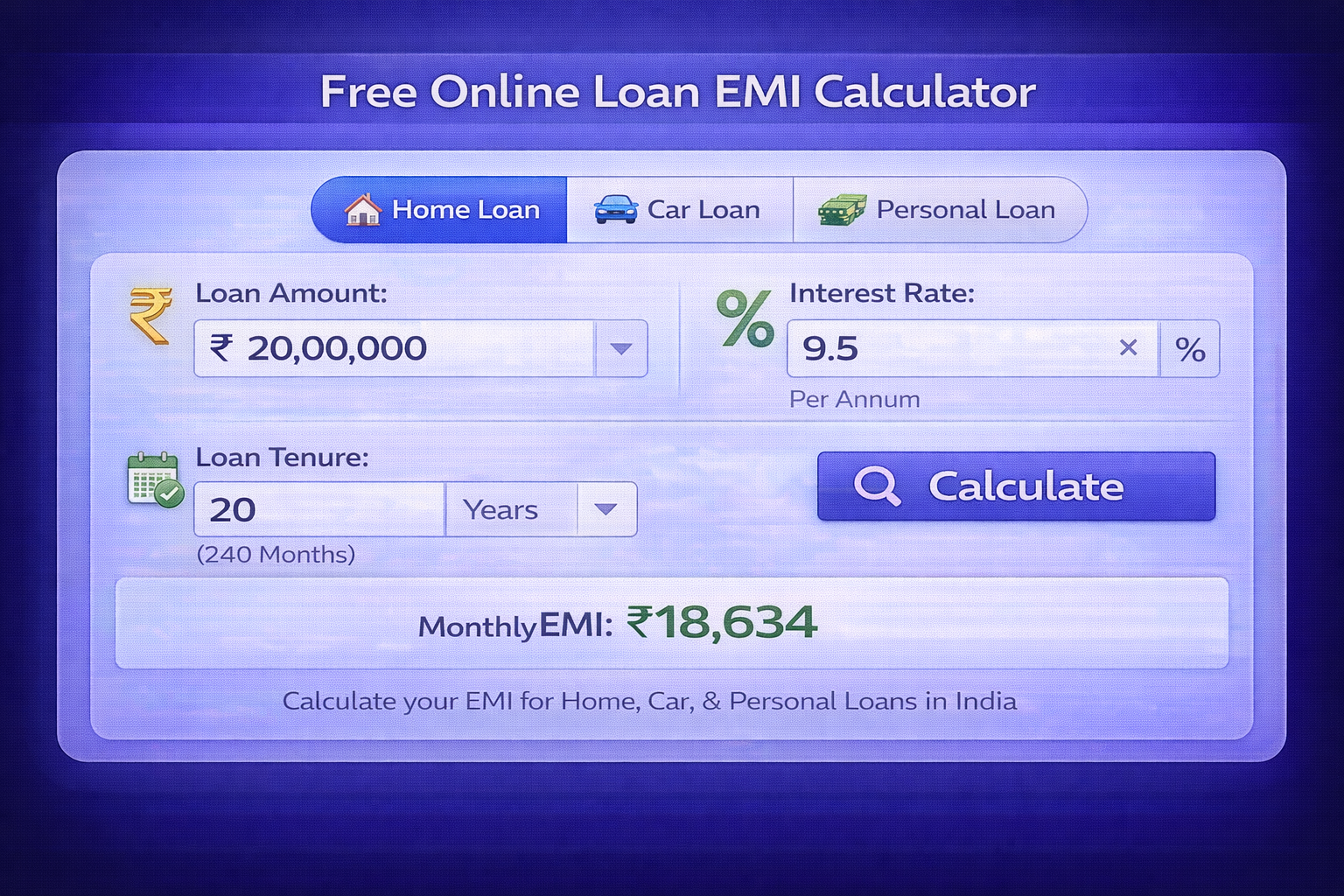Free online loan EMI calculator interface showing loan amount interest rate tenure inputs and monthly EMI result for home car personal loans in India